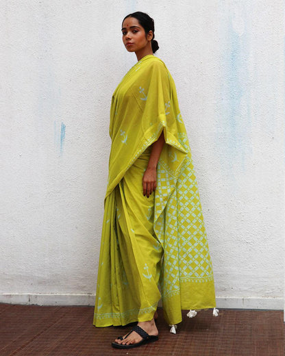 Lady Marmalade Green Handblock Printed Cotton Saree