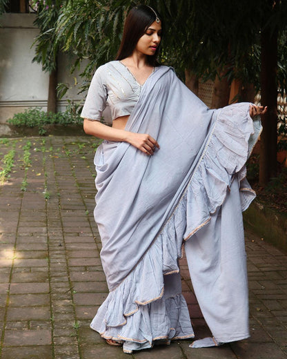 Misty Grey Mulmul Cotton Saree with Blouse Set of 2 - Jugnoo