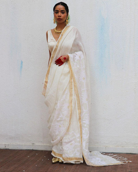 Honey Dew Jamdani Handwoven Linen Saree