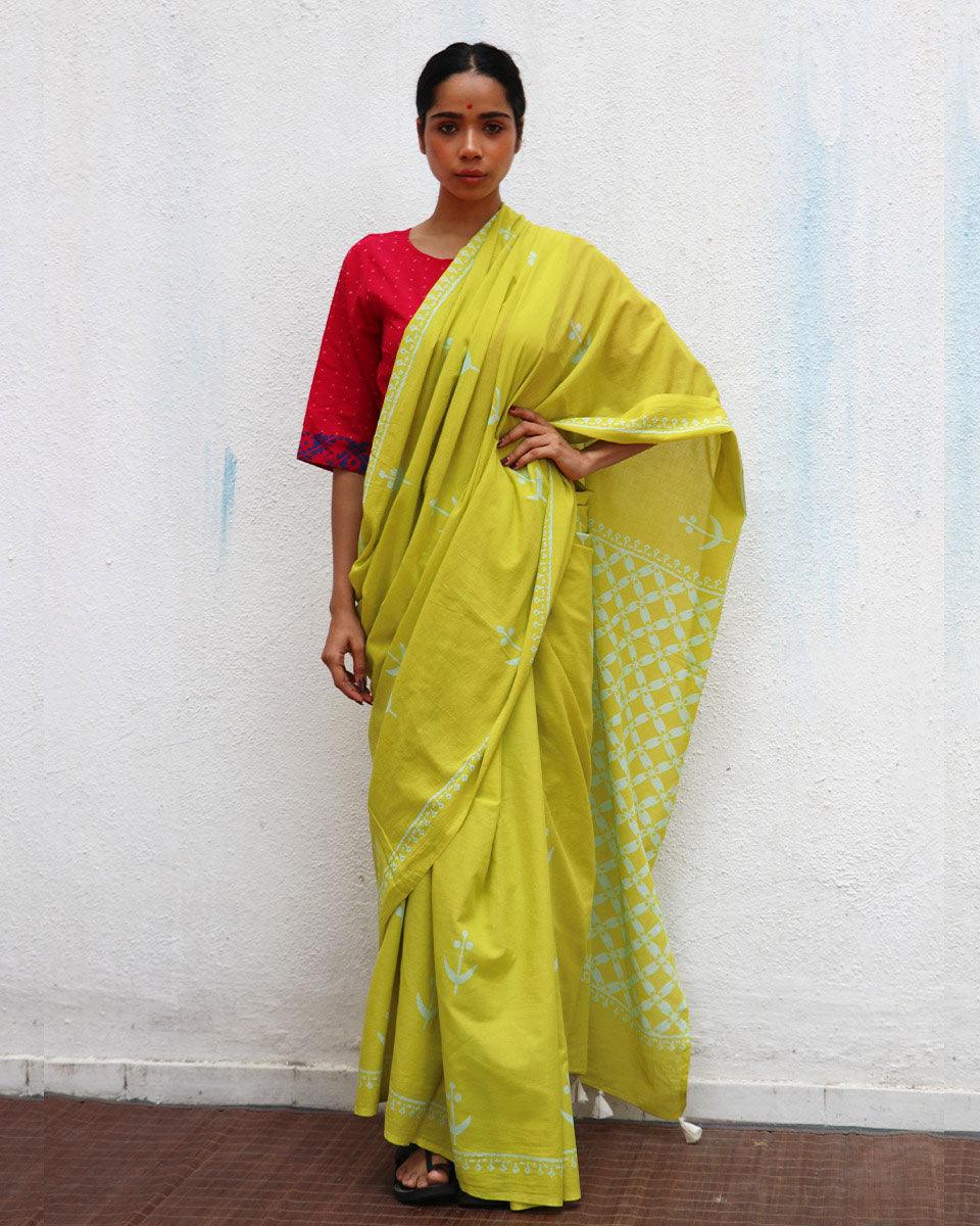 Lady Marmalade Green Handblock Printed Cotton Saree