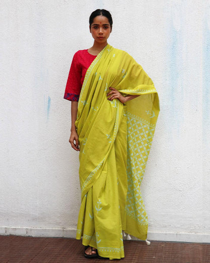 Lady Marmalade Green Handblock Printed Cotton Saree