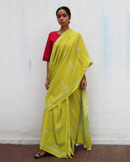 Lady Marmalade Green Handblock Printed Cotton Saree