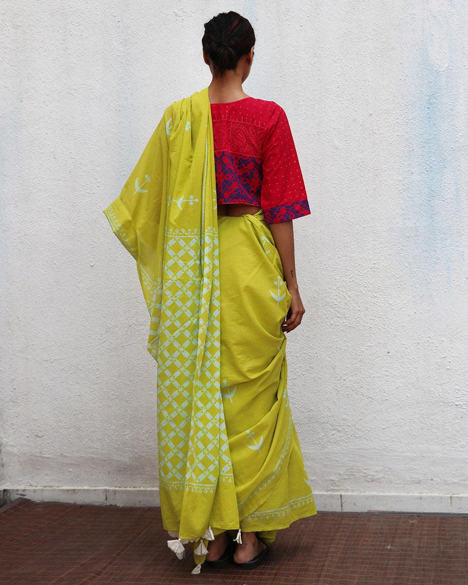 Lady Marmalade Green Handblock Printed Cotton Saree