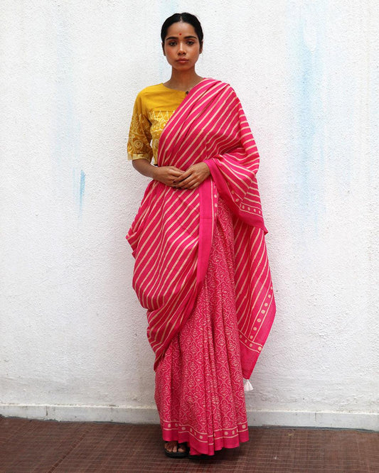 Firelight Pink Handprinted Cotton Sarees