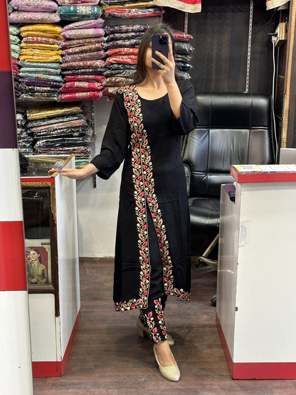 A Line Black Ryon Cotton Hand Embroidered Dress with Four sided border Pure Dupatta