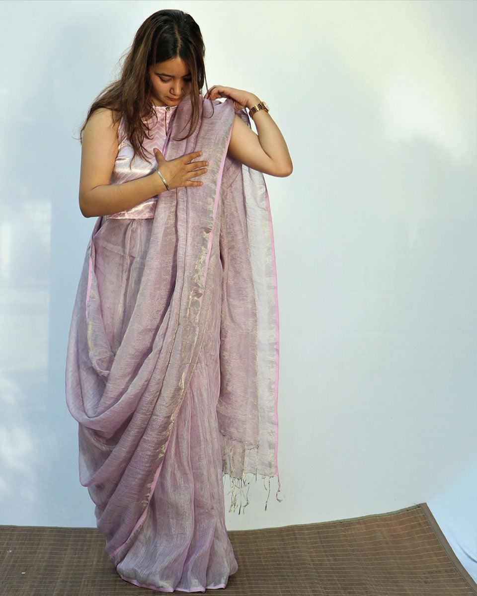 Surmayi Handwoven Linen Saree- Melting Moon