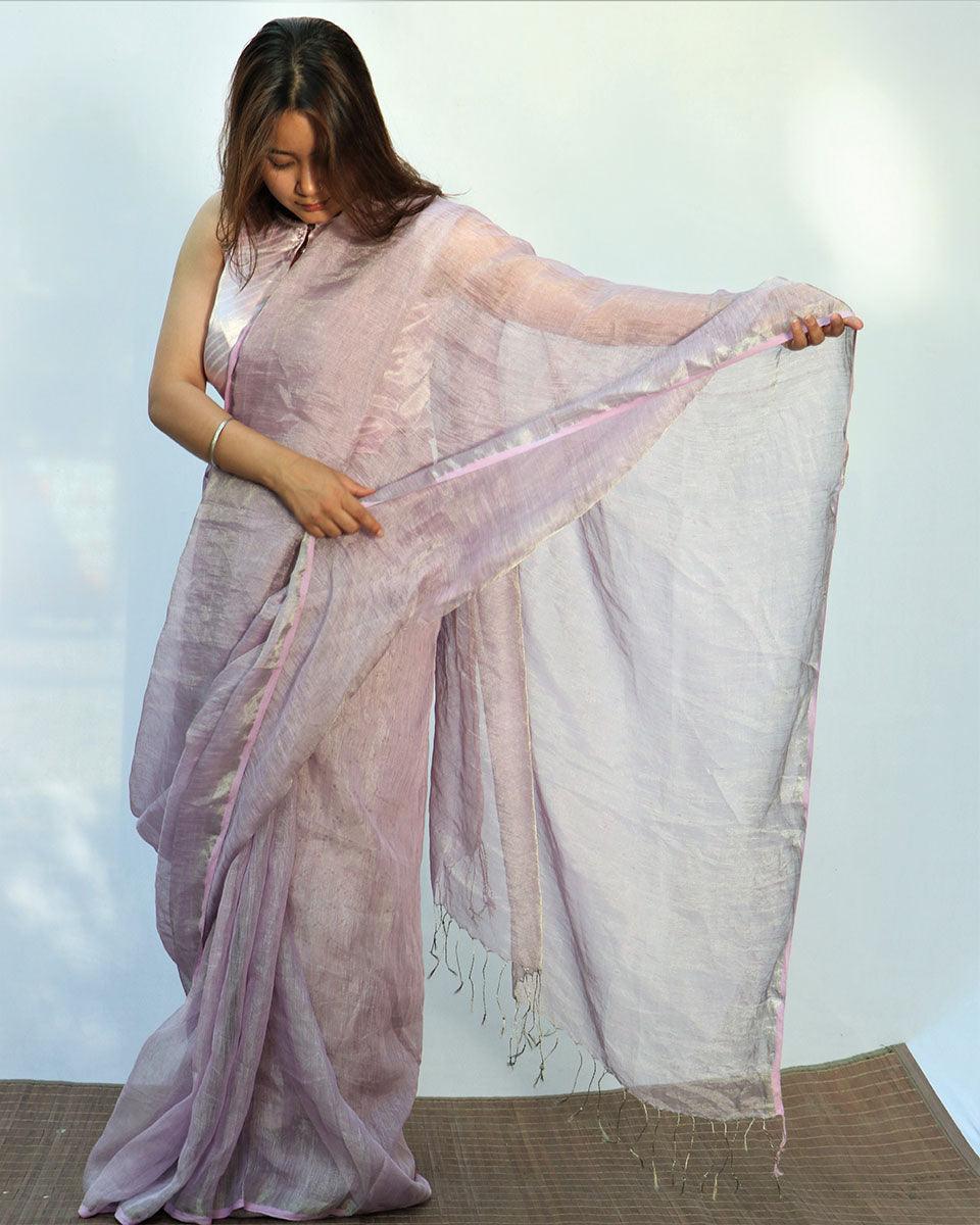 Surmayi Handwoven Linen Saree- Melting Moon