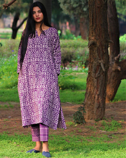 Purple Handprinted Pure Cotton Kurti Set Of 2-Slow