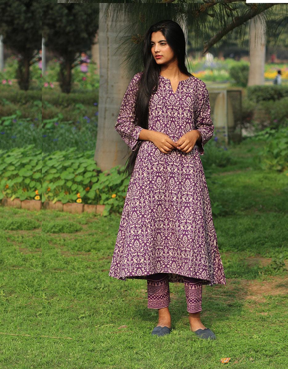 Purple Handprinted Pure Cotton Kurti Set Of 2-Slow