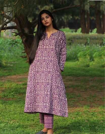 Purple Handprinted Pure Cotton Kurti Set Of 2-Slow