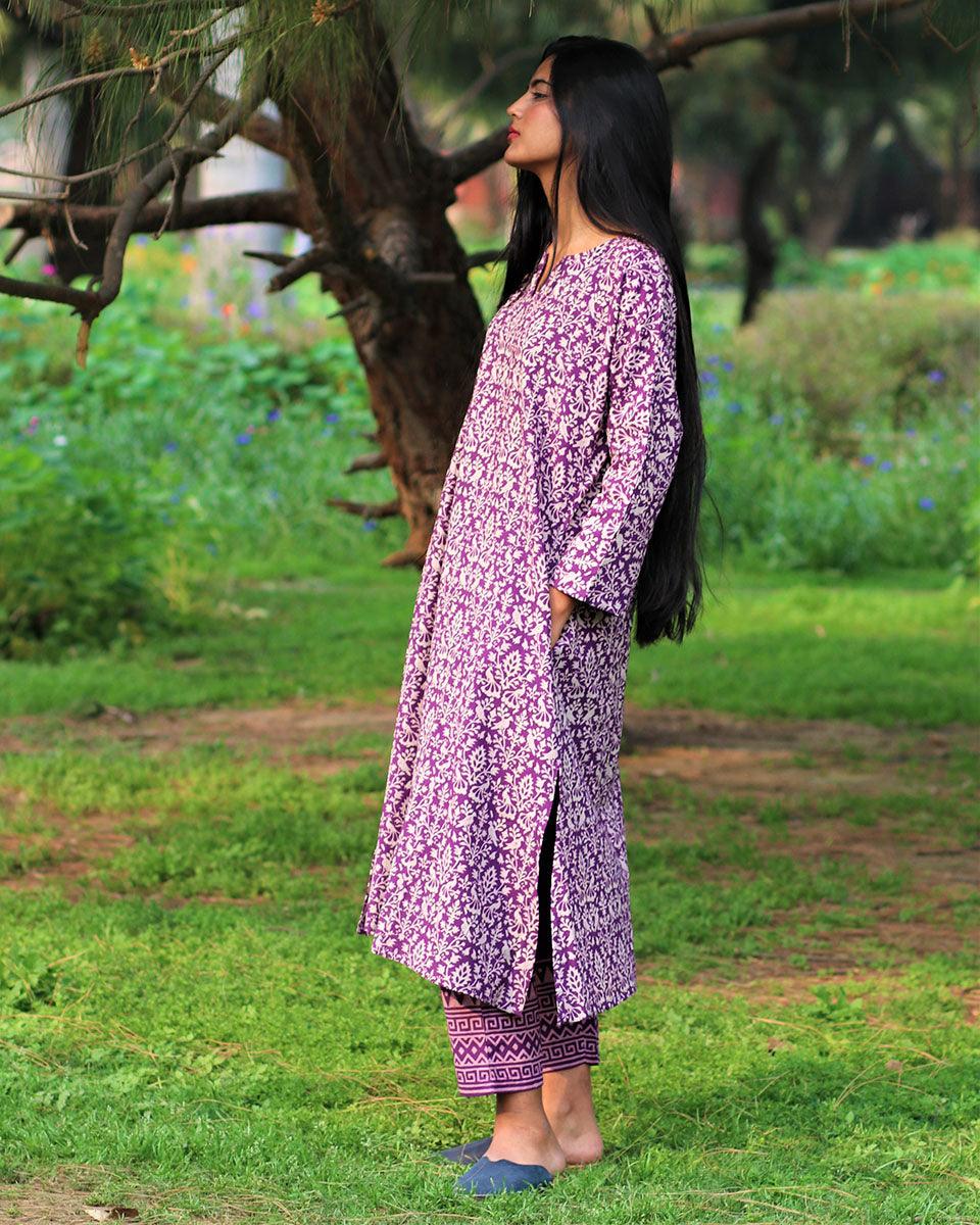 Purple Handprinted Pure Cotton Kurti Set Of 2-Slow