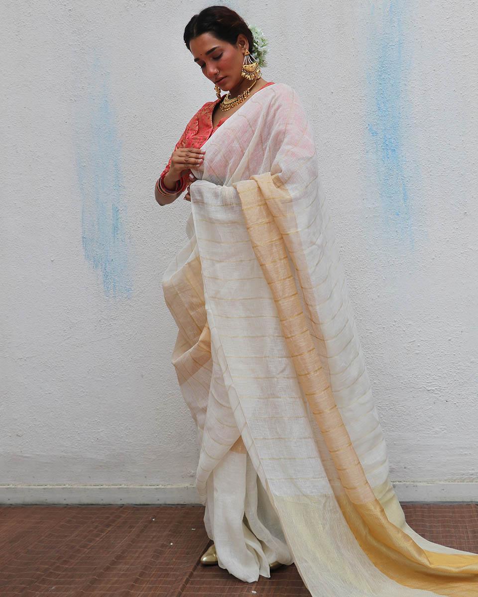 Udaya Handwoven Linen Zari Saree - Onam