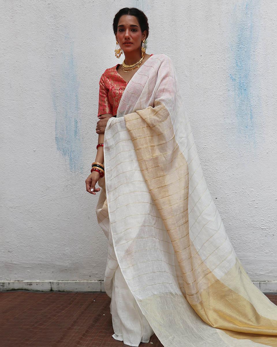 Udaya Handwoven Linen Zari Saree - Onam