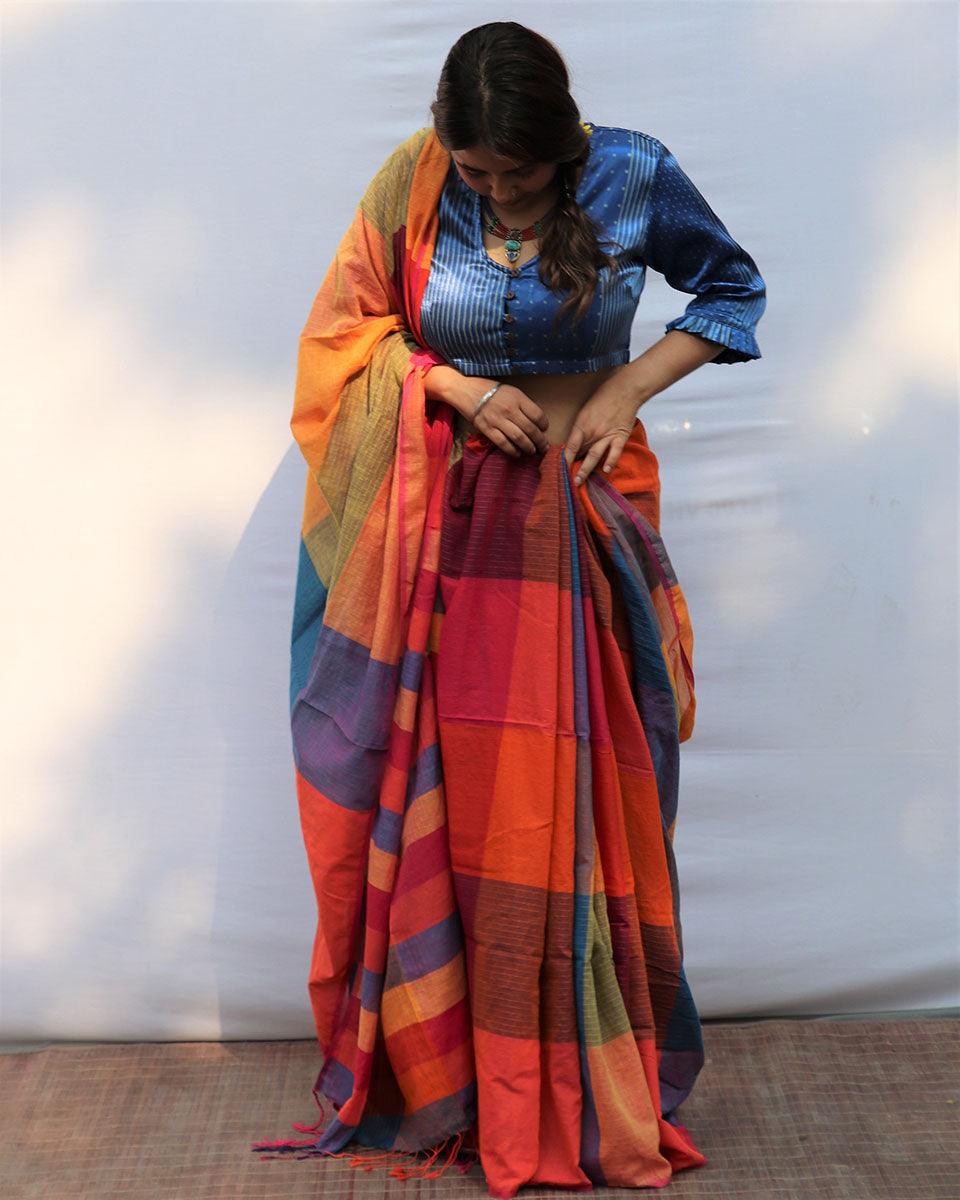 Rainbow Razzle Hand-Dyed Handwoven Cotton Saree