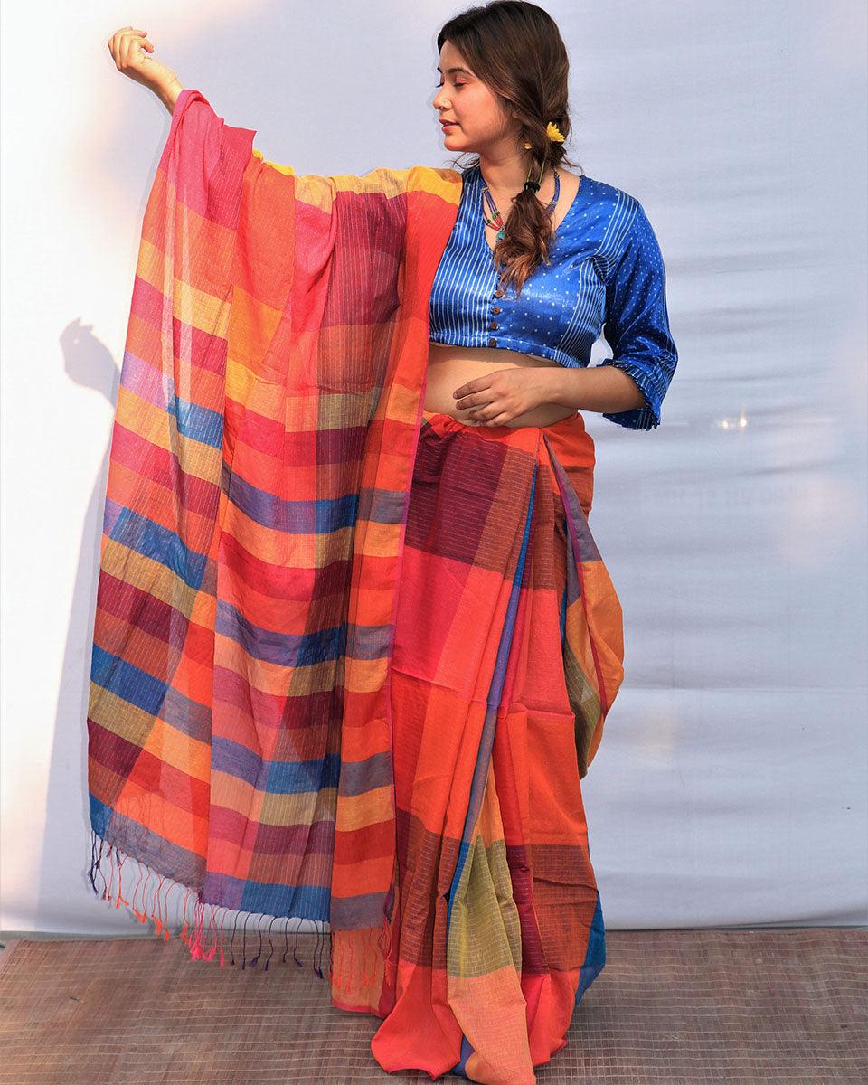 Rainbow Razzle Hand-Dyed Handwoven Cotton Saree