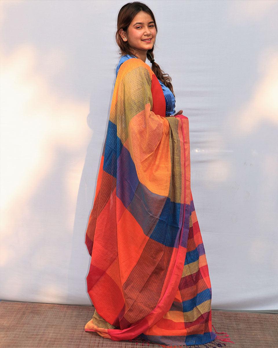 Rainbow Razzle Hand-Dyed Handwoven Cotton Saree