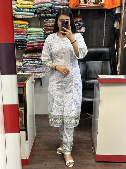 A line Cotton Floral printed kurta with embroidered lace and chiffon tie and dye dupatta