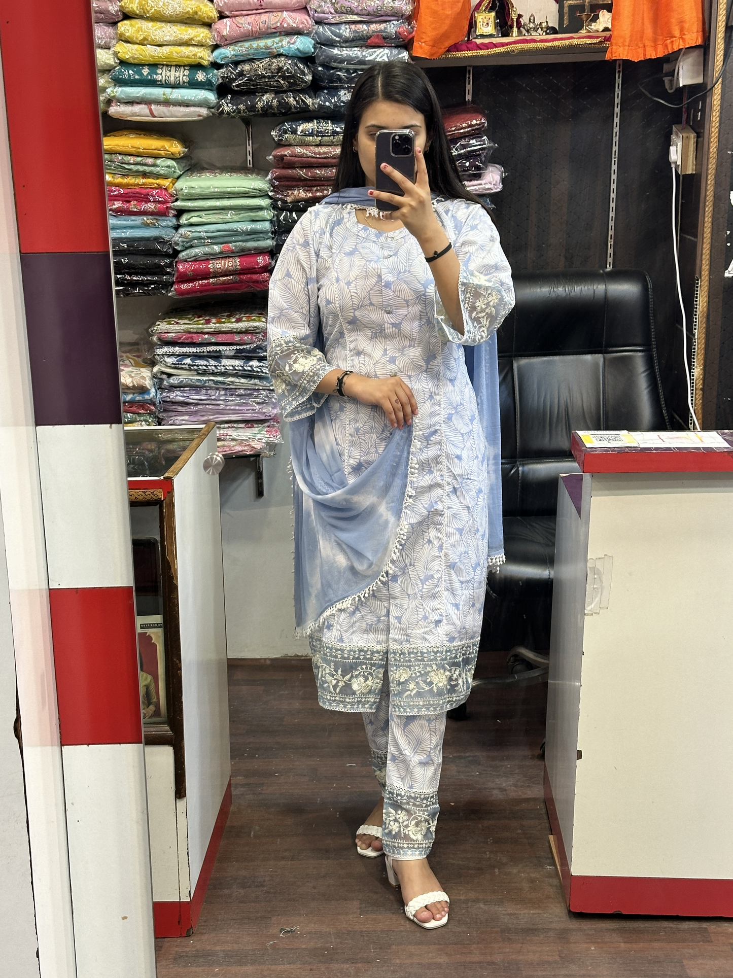 A line Cotton Floral printed kurta with embroidered lace and chiffon tie and dye dupatta