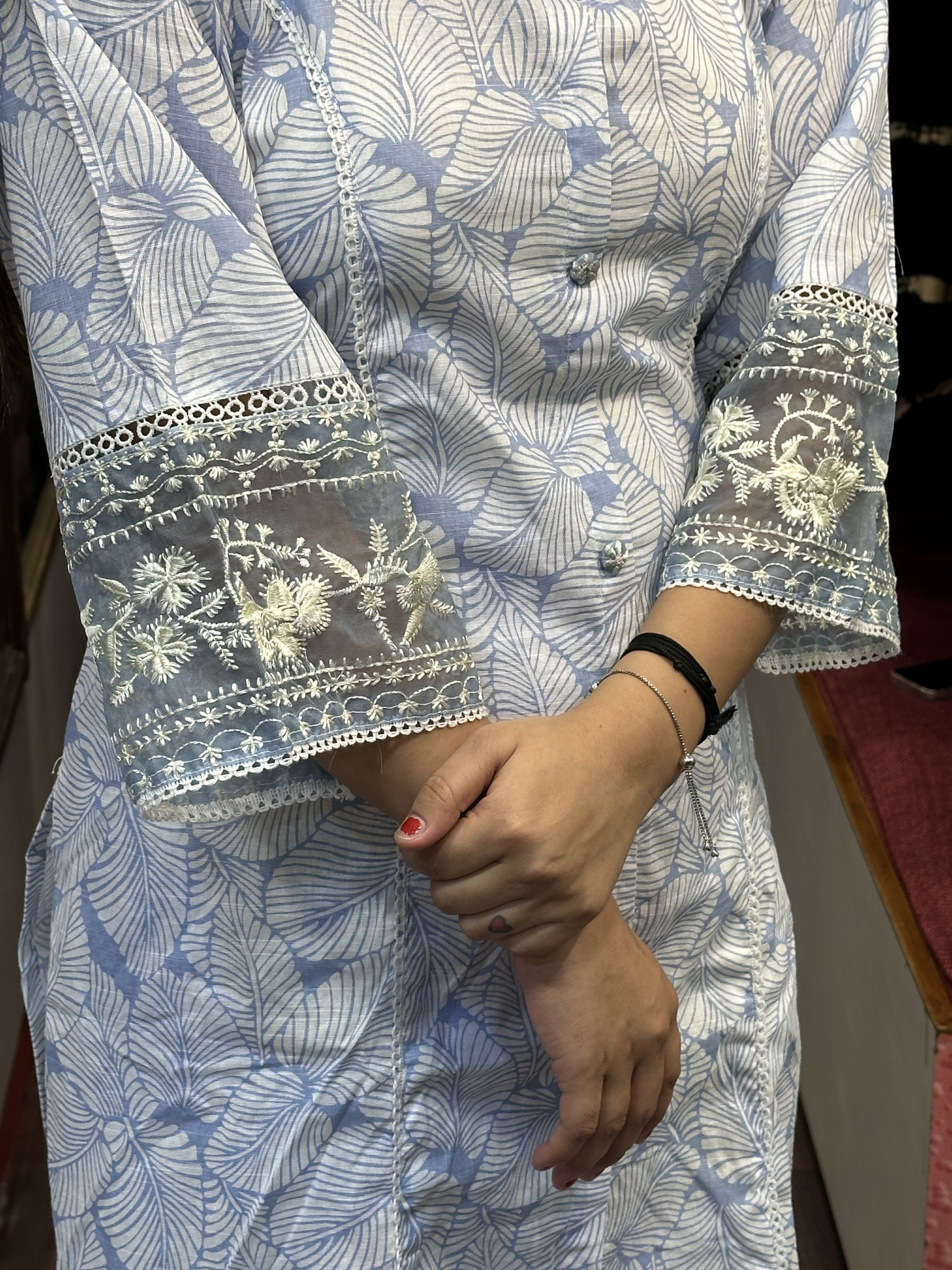 A line Cotton Floral printed kurta with embroidered lace and chiffon tie and dye dupatta