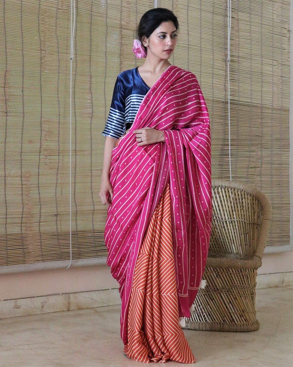 Rani-Orange Blockprinted Modal Silk Saree