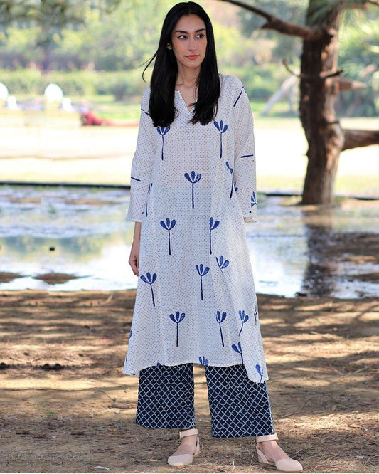 Ivory Blue Blockprinted Cotton Kurta With Palazzo (Set Of 2)