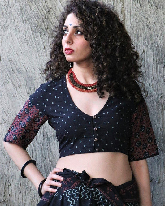 Black Kohl Blockprinted Crop Top Cotton Blouse