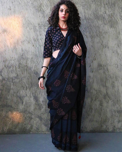 Zara Handblockprinted Cotton Saree - Kohl