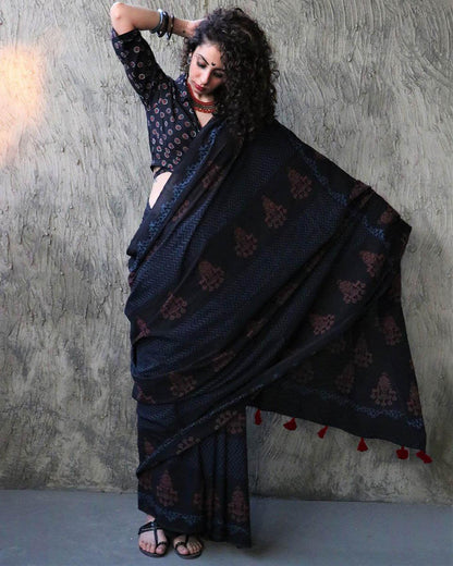 Zara Handblockprinted Cotton Saree - Kohl