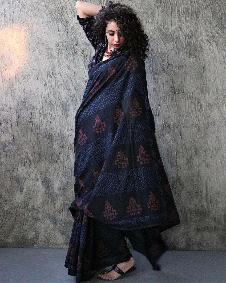 Zara Handblockprinted Cotton Saree - Kohl