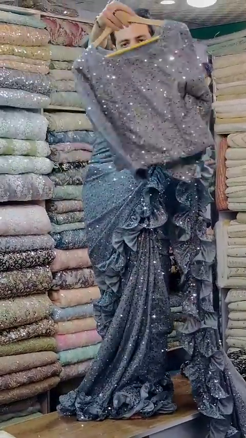 Grey Embroidered net saree / Women's Sarees, Traditional Indian Ethnic Wear