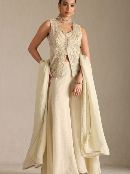 Beige Tissue Suit Set With Beads And Stones
