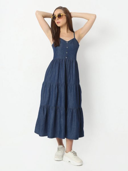 Calf Length V-Neck Spaghetti Long Tiered Denim Dress