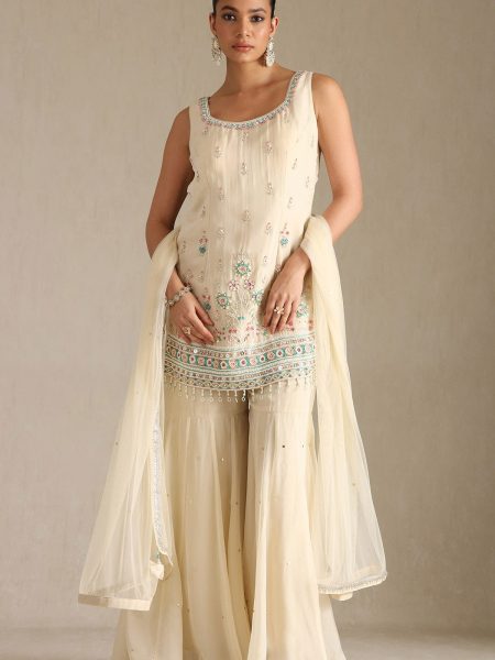 Cream Viscose Embroidered Suit Set With Cutdana