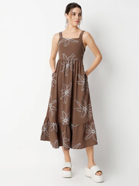 Flare Fit Embroidered Calf Length Square Neck Strap Dress