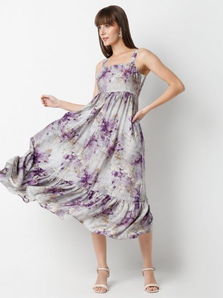 Flare Fit Printed Calf Length Square Neck Strap Dress