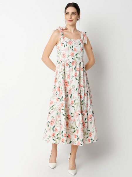 Flare Fit Printed Calf Length Square Neck Strap Shoulder Tiered Dress