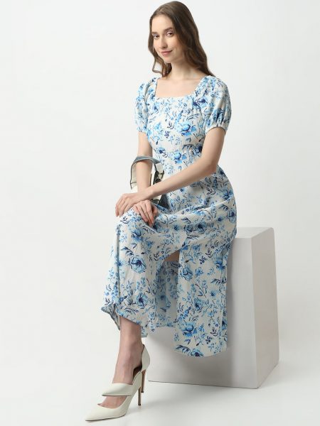 Flare Fit Printed Short Sleeve Square Neck Below Knee Betty Dress