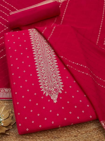 Fuchsia Silk Blend Zari Woven Unstitch Dress Material With Stone Work