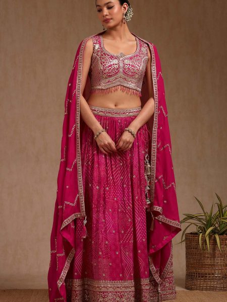 Fuchsia Viscose Embroidered Ghagra Choli With Zari