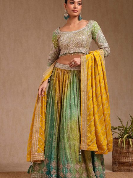 Green Viscose Bandhani Print Ghagra Choli With Zari