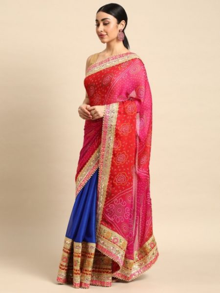 LeeliPeeri Designer Bandhani Gotta Patti Pure Chiffon Bandhani Saree