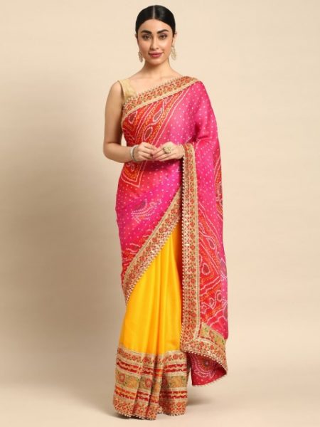 LeeliPeeri Designer Bandhani Printed Gotta Patti Pure Chiffon Saree
