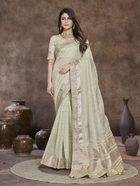 LeeliPeeri Designer Embellished Embroidered Linen Blend Saree