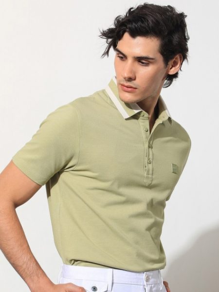 RARE RABBIT Men Divide Polo Collar Slim Fit Cotton T-Shirt
