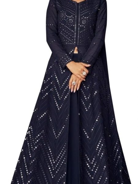TRENDMALLS Women's Georgette Embroidery Anarklai Suit Set Kurta Lehenga with Dupatta Blue Kurta Set for Women