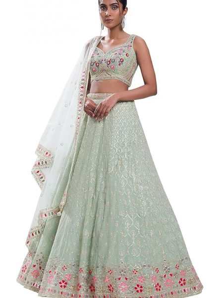TRENDMALLS Women's Georgette Embroidery Lehenga Choli with Dupatta (L258-Pista-Semi-Stitch)