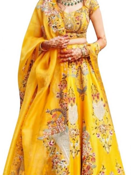 TRENDMALLS Women's Satin Embroidery Work Lehenga Choli With Dupatta-L103-Yellow(Wedding-Bridal-Latest-Lehenga-Choli_Free Size)