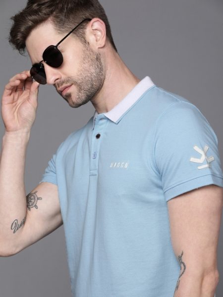 WROGN Men Blue Solid Polo Collar Slim Fit T-shirt